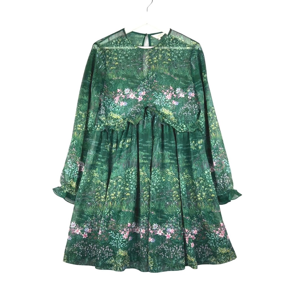 Ted Baker Verdant Garden Floral Print Sheer Long Sleeve Ruffle Mini Dress size 2